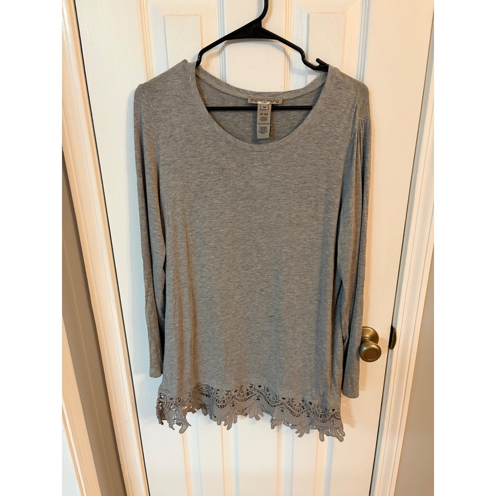 Sharon Young Tunic Top Womens Medium Gray Long Sleeve Crochet Lace Trim 0992TK6